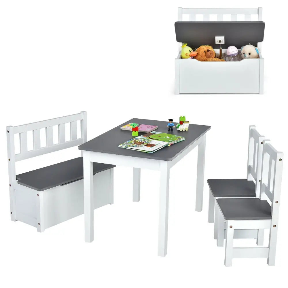 4 Pieces Kids Wooden Activity Table and Chairs Set with Storage Bench and Study Desk-Gray - Gray - Kids Table & Chair