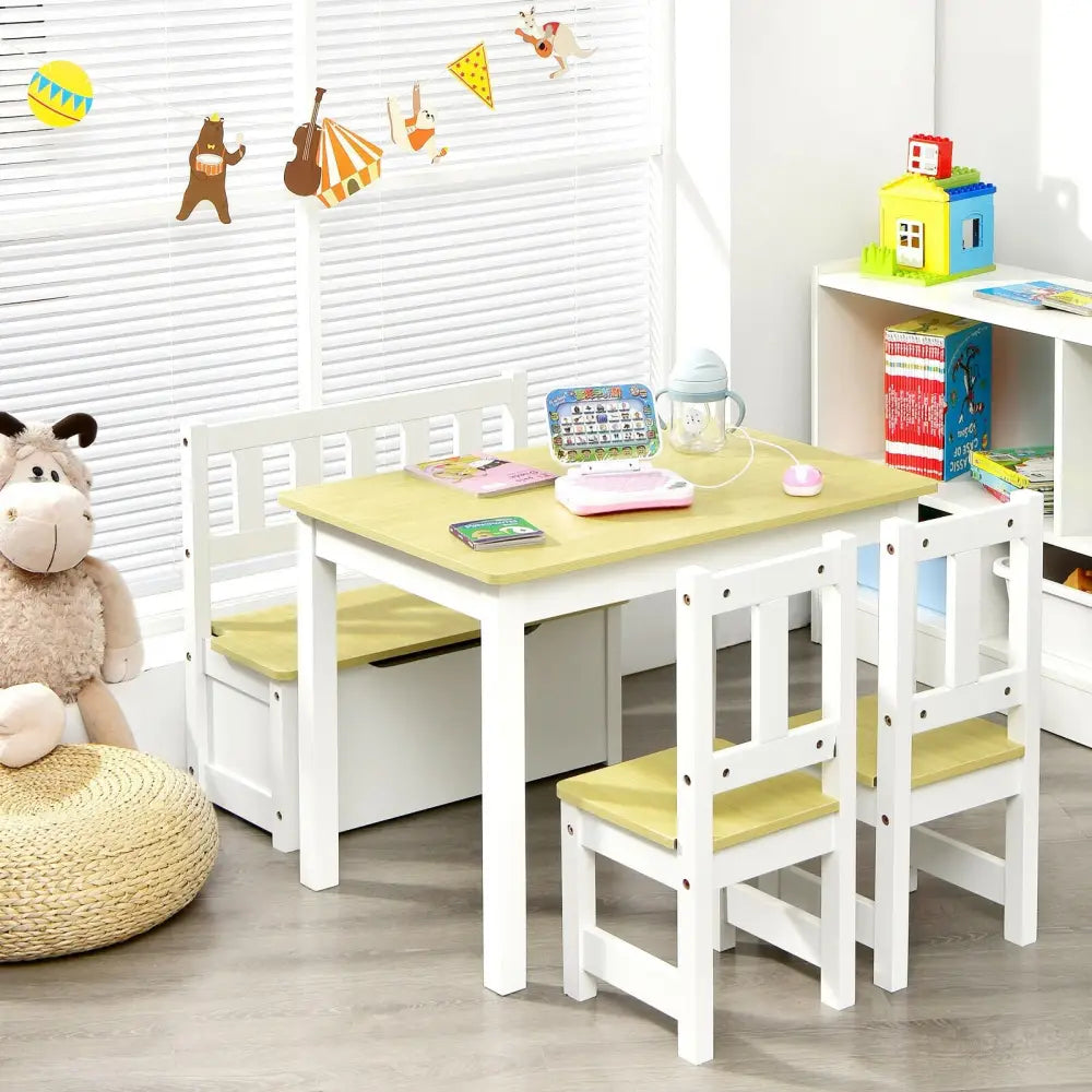 4 Pieces Kids Wooden Activity Table and Chairs Set with Storage Bench and Study Desk-Natural - Natural - Kids Table &