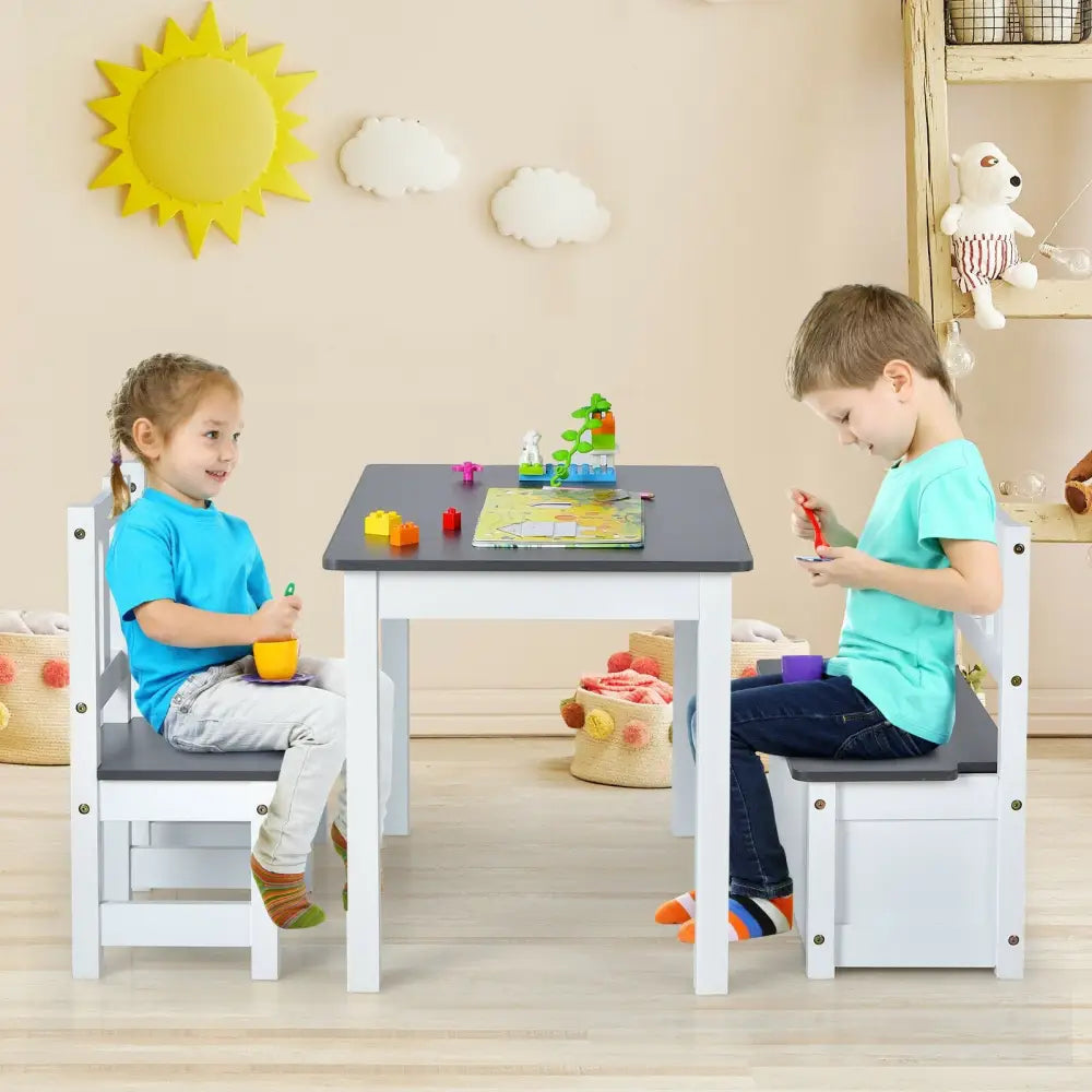 4 Pieces Kids Wooden Activity Table and Chairs Set with Storage Bench and Study Desk-Gray - Gray - Kids Table & Chair