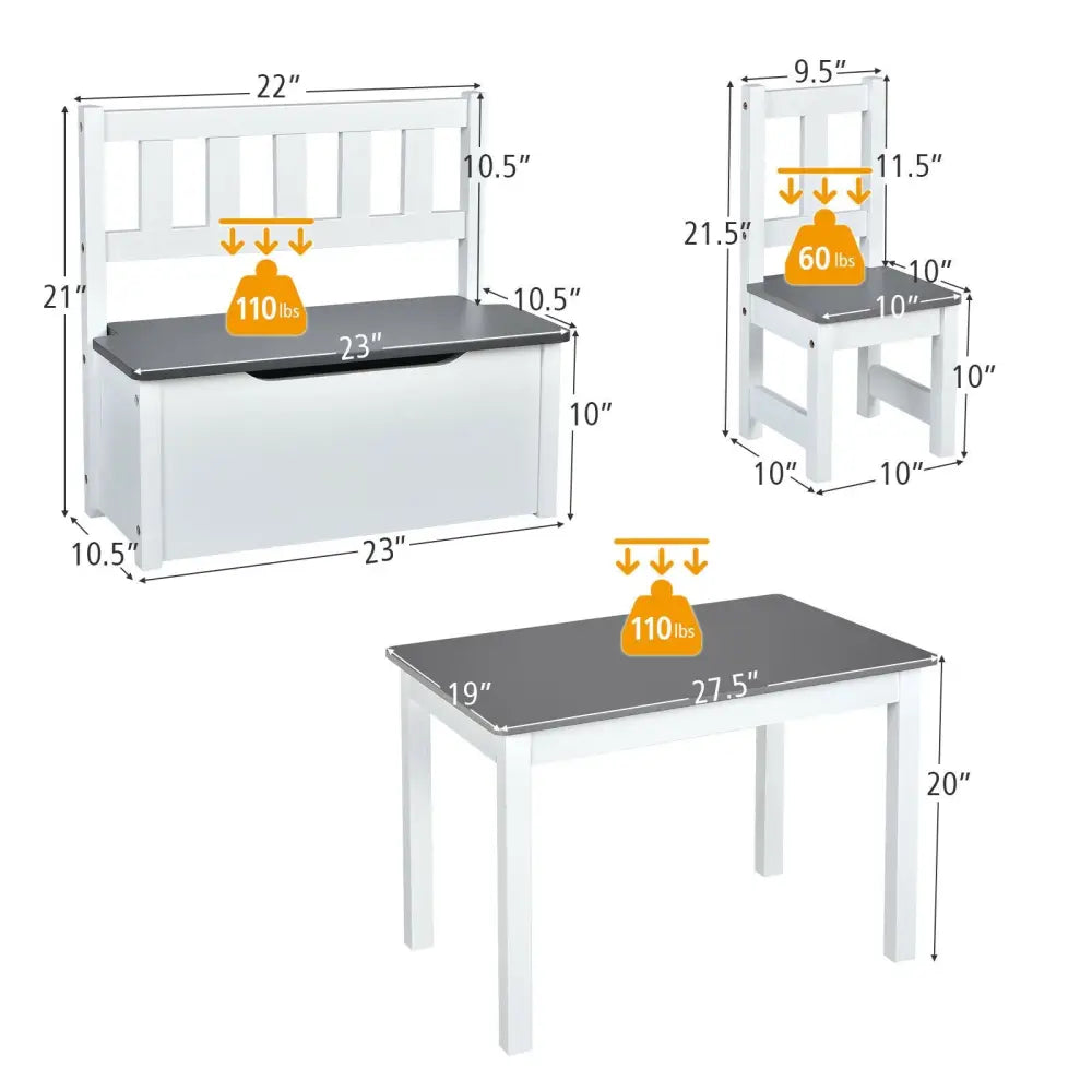 4 Pieces Kids Wooden Activity Table and Chairs Set with Storage Bench and Study Desk-Gray - Gray - Kids Table & Chair