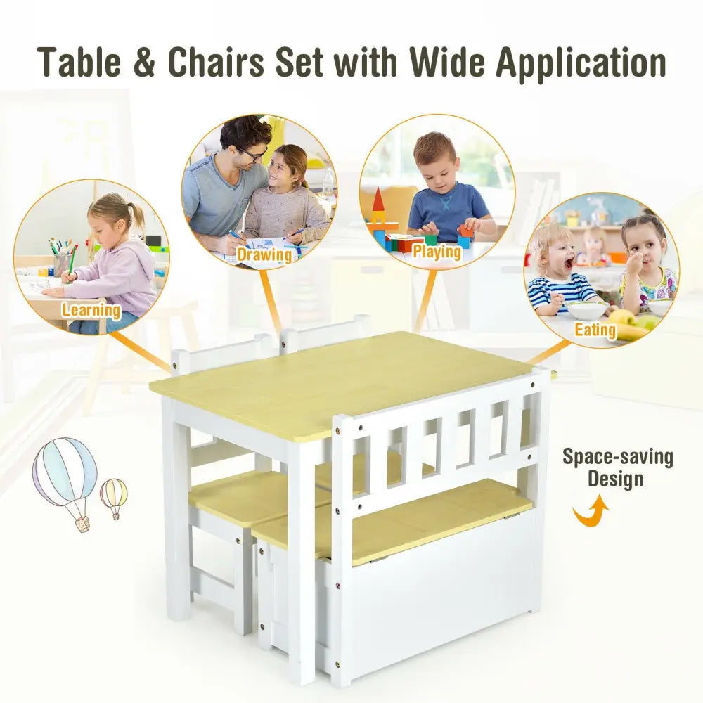 4 Pieces Kids Wooden Activity Table and Chairs Set with Storage Bench and Study Desk-Natural - Natural - Kids Table &