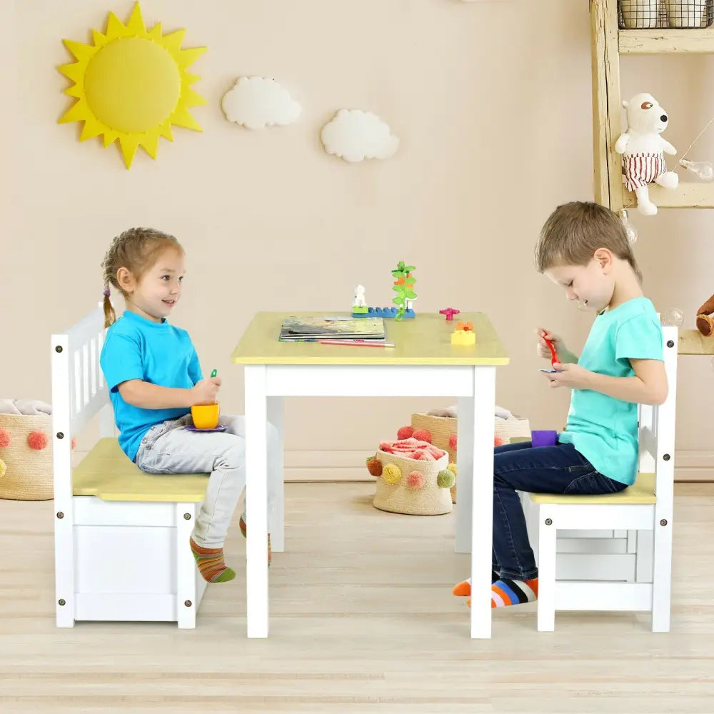 4 Pieces Kids Wooden Activity Table and Chairs Set with Storage Bench and Study Desk-Natural - Natural - Kids Table &