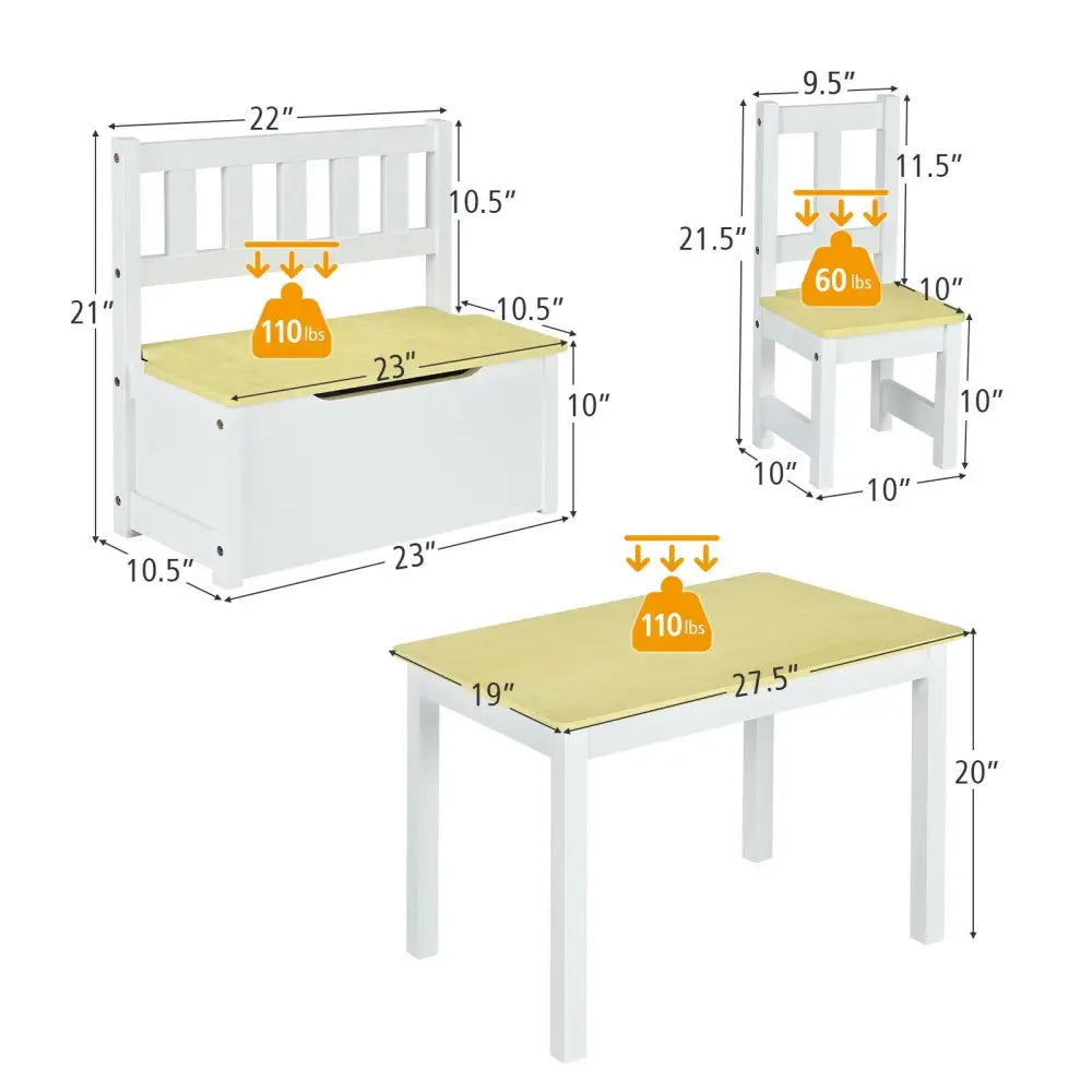 4 Pieces Kids Wooden Activity Table and Chairs Set with Storage Bench and Study Desk-Natural - Natural - Kids Table &