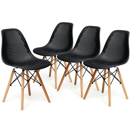 4 Pieces Modern Plastic Hollow Chair Set with Wood Leg-Black - Black - Dining Chairs