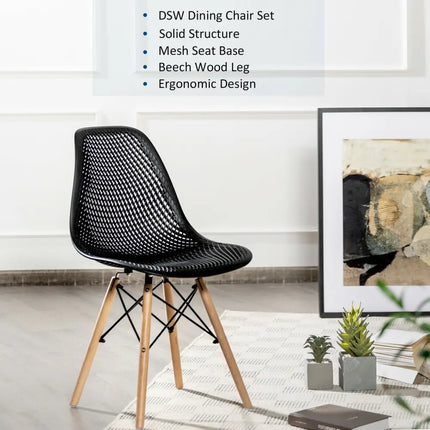4 Pieces Modern Plastic Hollow Chair Set with Wood Leg-Black - Black - Dining Chairs