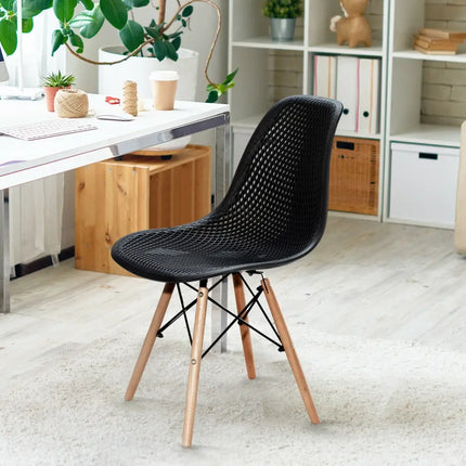 4 Pieces Modern Plastic Hollow Chair Set with Wood Leg-Black - Black - Dining Chairs