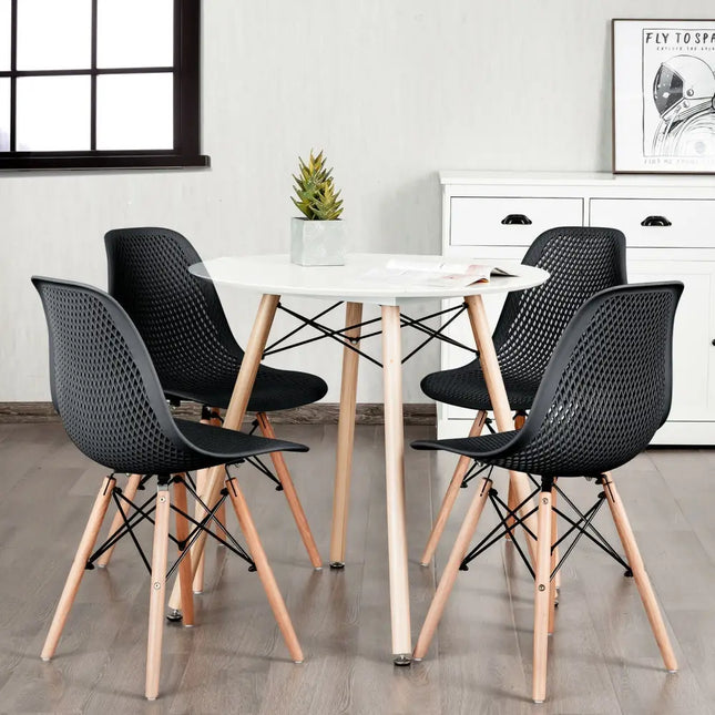 4 Pieces Modern Plastic Hollow Chair Set with Wood Leg-Black - Black - Dining Chairs