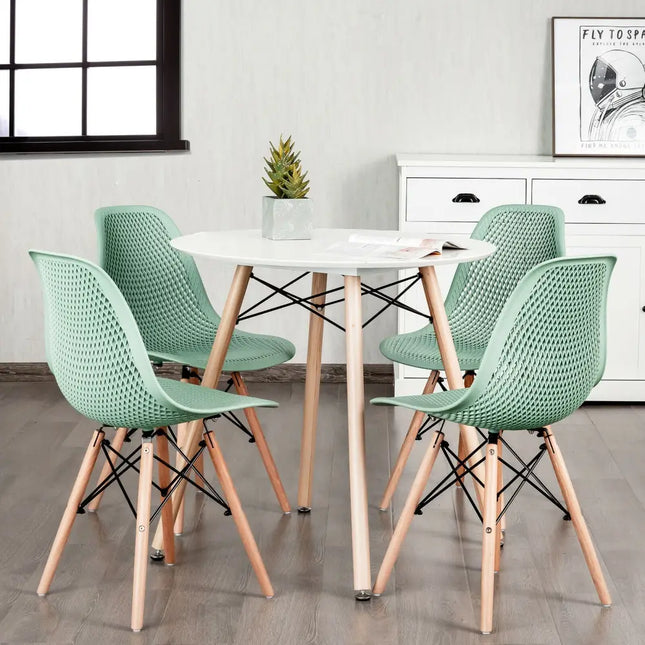 4 Pieces Modern Plastic Hollow Chair Set with Wood Leg-Green Costway