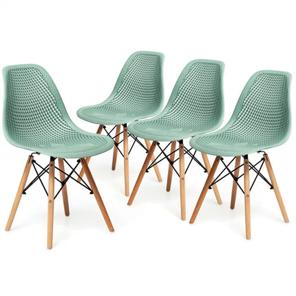 4 Pieces Modern Plastic Hollow Chair Set with Wood Leg-Green Costway