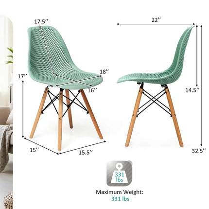 4 Pieces Modern Plastic Hollow Chair Set with Wood Leg-Green Costway