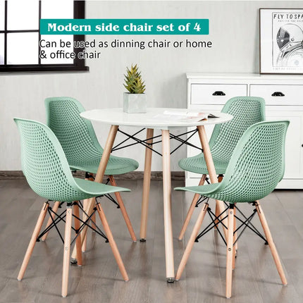 4 Pieces Modern Plastic Hollow Chair Set with Wood Leg-Green Costway
