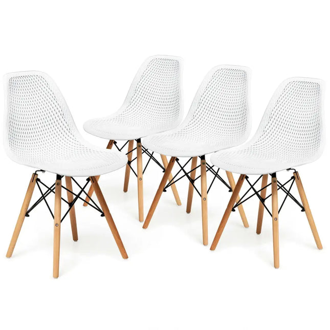 4 Pieces Modern Plastic Hollow Chair Set with Wood Leg-White - White - Dining Chairs