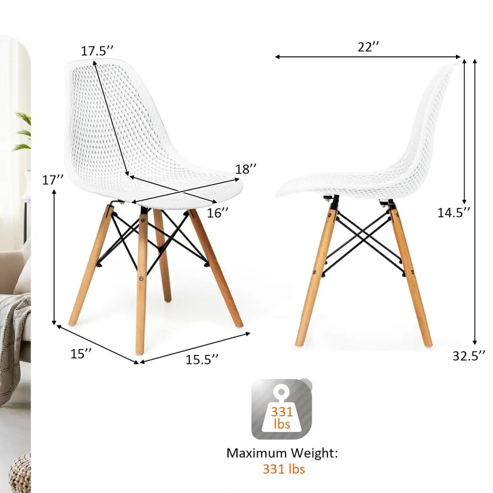 4 Pieces Modern Plastic Hollow Chair Set with Wood Leg-White - White - Dining Chairs