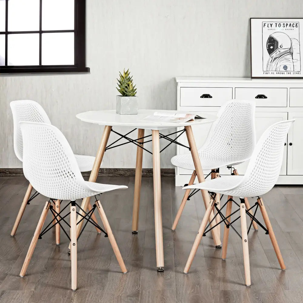 4 Pieces Modern Plastic Hollow Chair Set with Wood Leg-White - White - Dining Chairs