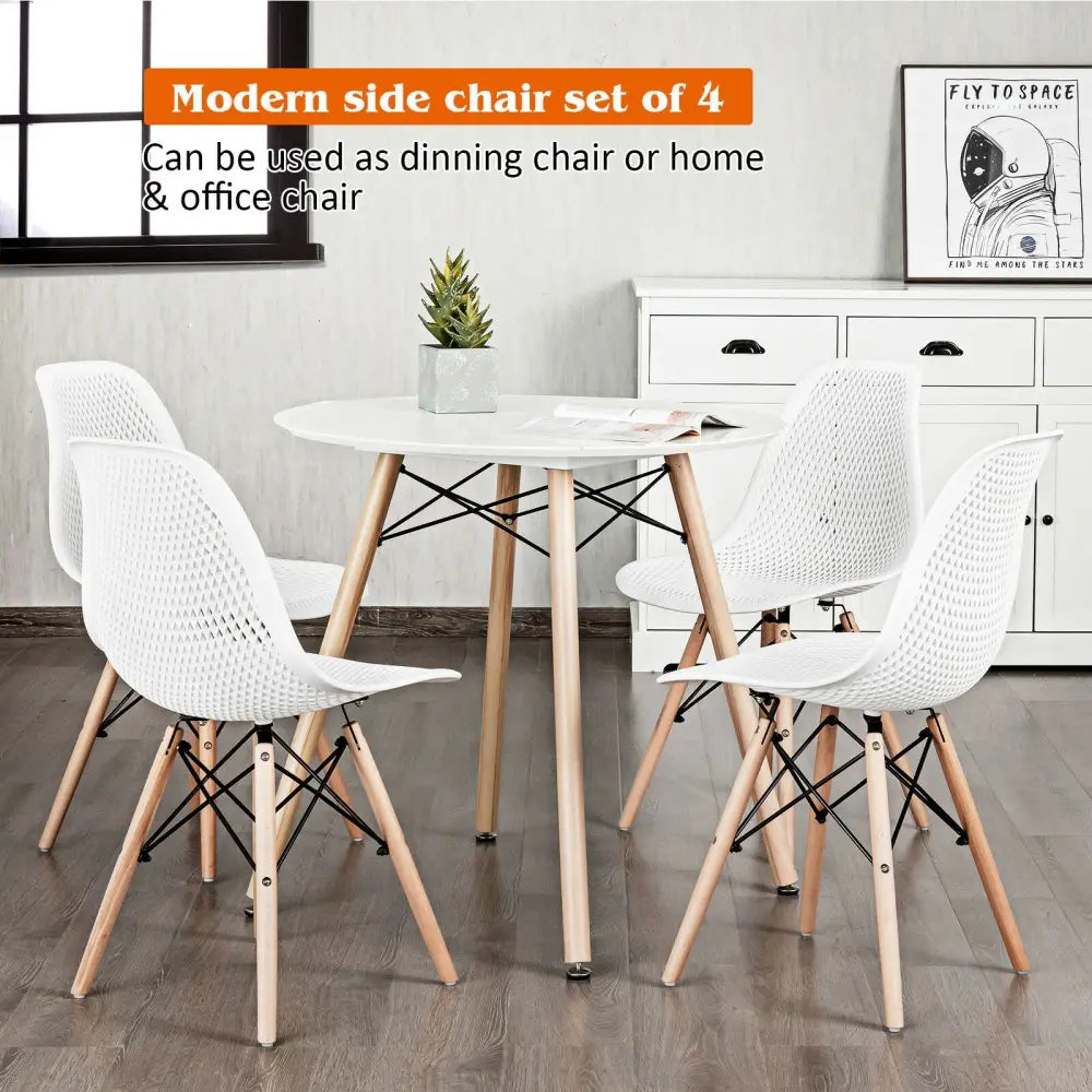 4 Pieces Modern Plastic Hollow Chair Set with Wood Leg-White - White - Dining Chairs