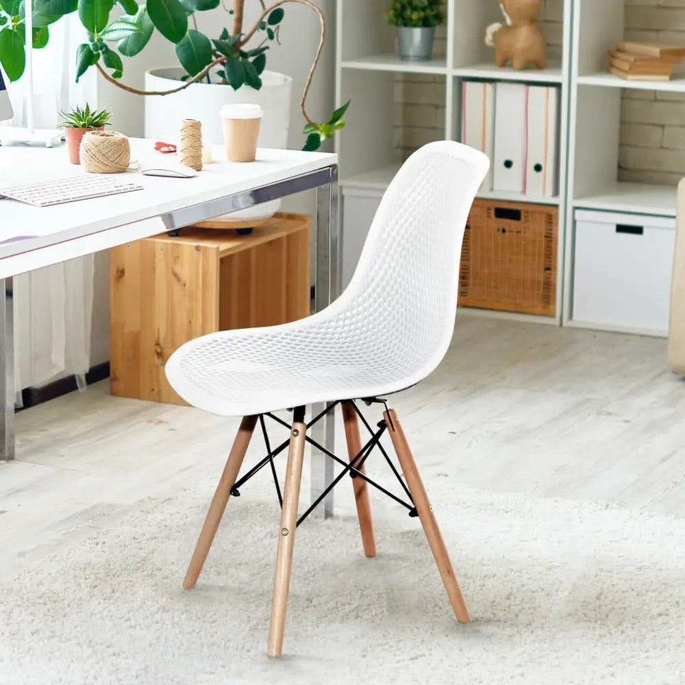 4 Pieces Modern Plastic Hollow Chair Set with Wood Leg-White - White - Dining Chairs