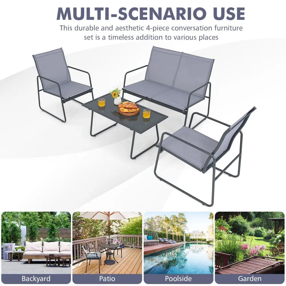 4 Pieces of Metal Patio Furniture Chat Set with Tempered Glass Coffee Table - Gray - Patio Conversation Sets