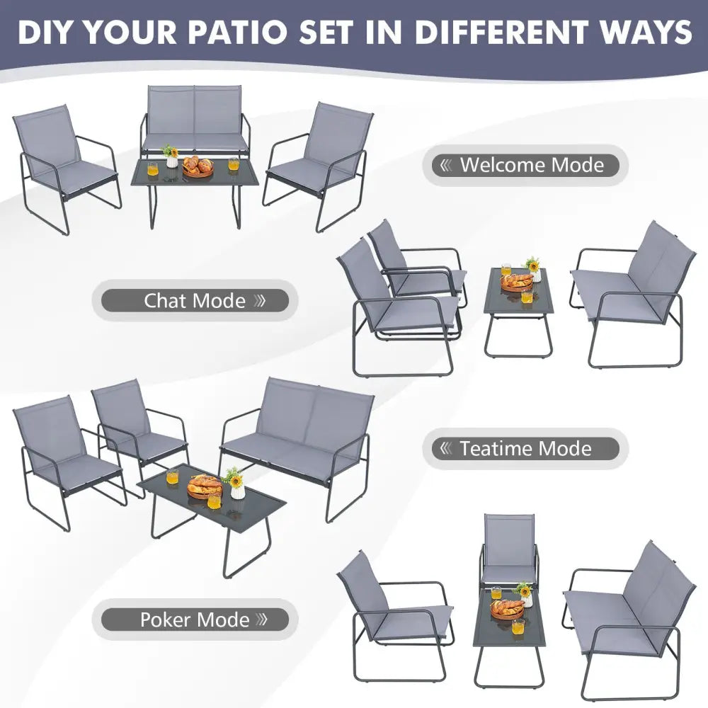 4 Pieces of Metal Patio Furniture Chat Set with Tempered Glass Coffee Table - Gray - Patio Conversation Sets