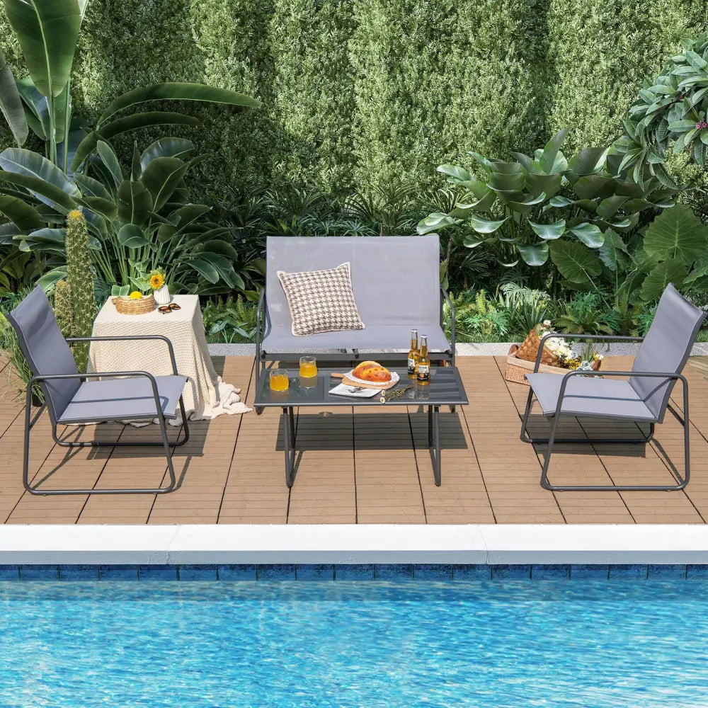 4 Pieces of Metal Patio Furniture Chat Set with Tempered Glass Coffee Table - Gray - Patio Conversation Sets
