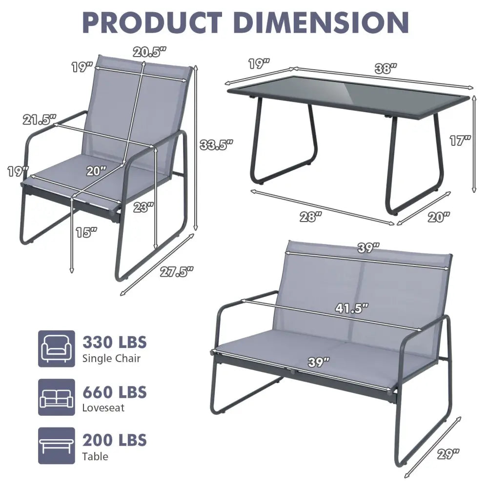 4 Pieces of Metal Patio Furniture Chat Set with Tempered Glass Coffee Table - Gray - Patio Conversation Sets