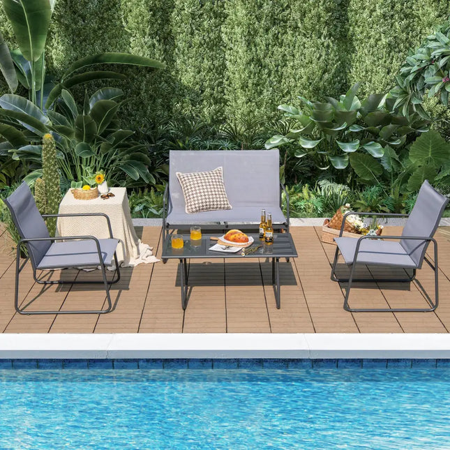 4 Pieces of Metal Patio Furniture Chat Set with Tempered Glass Coffee Table - Gray - Patio Conversation Sets