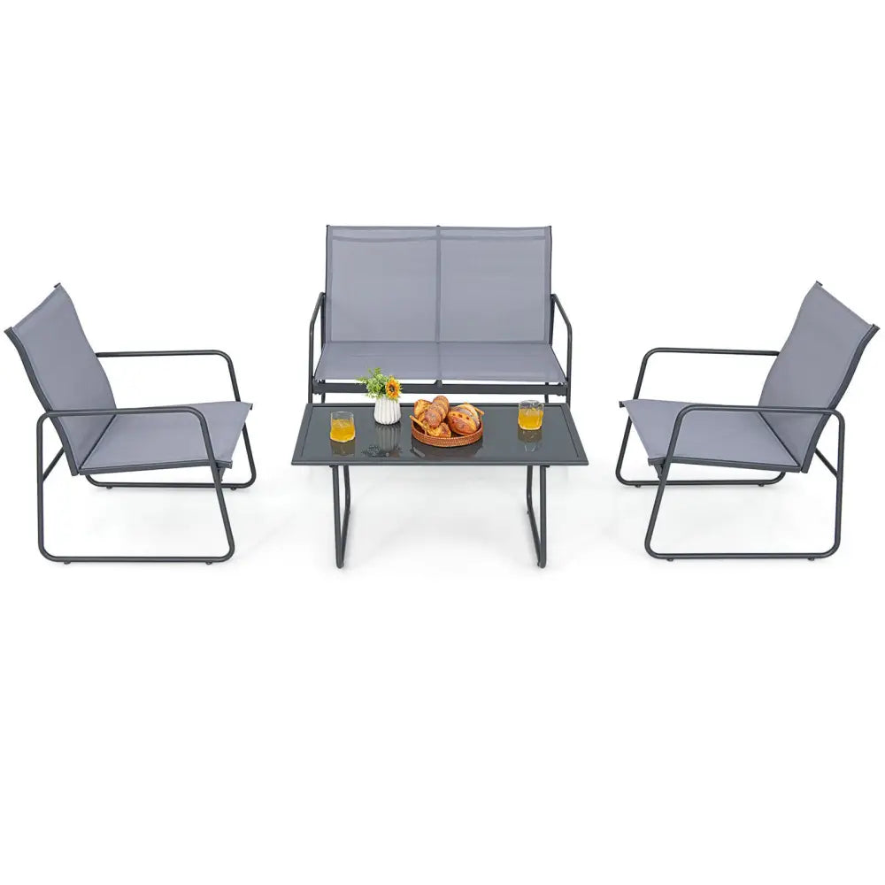 4 Pieces of Metal Patio Furniture Chat Set with Tempered Glass Coffee Table - Gray - Patio Conversation Sets