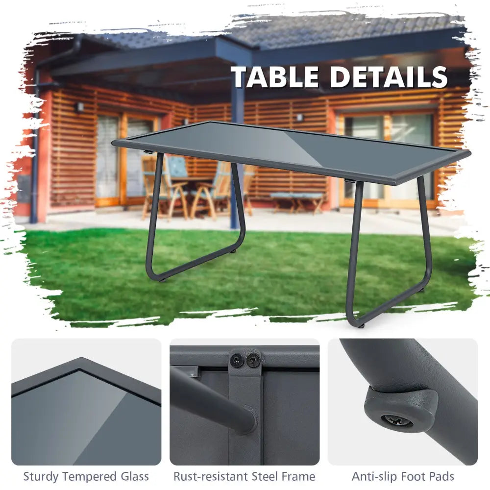 4 Pieces of Metal Patio Furniture Chat Set with Tempered Glass Coffee Table - Gray - Patio Conversation Sets