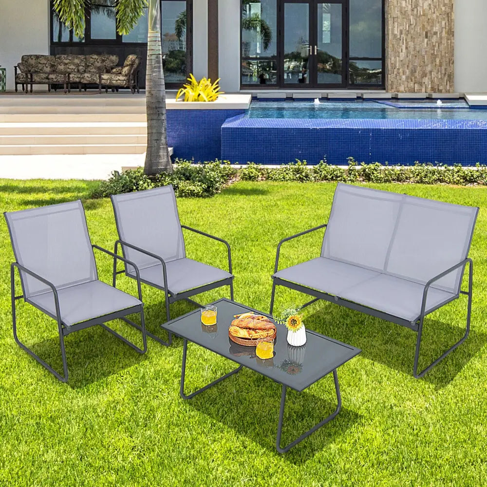 4 Pieces of Metal Patio Furniture Chat Set with Tempered Glass Coffee Table - Gray - Patio Conversation Sets