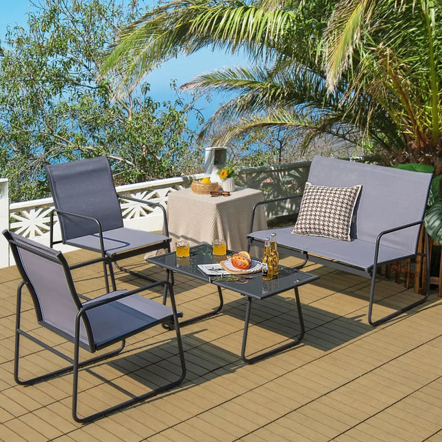 4 Pieces of Metal Patio Furniture Chat Set with Tempered Glass Coffee Table - Gray - Patio Conversation Sets