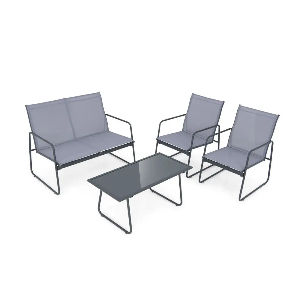 4 Pieces of Metal Patio Furniture Chat Set with Tempered Glass Coffee Table - Gray - Patio Conversation Sets