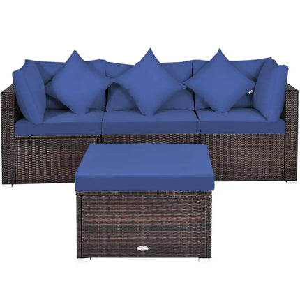 4 Pieces Ottoman Garden Patio Rattan Wicker Furniture Set with Cushion-Navy - Navy - Outdoor Sectionals