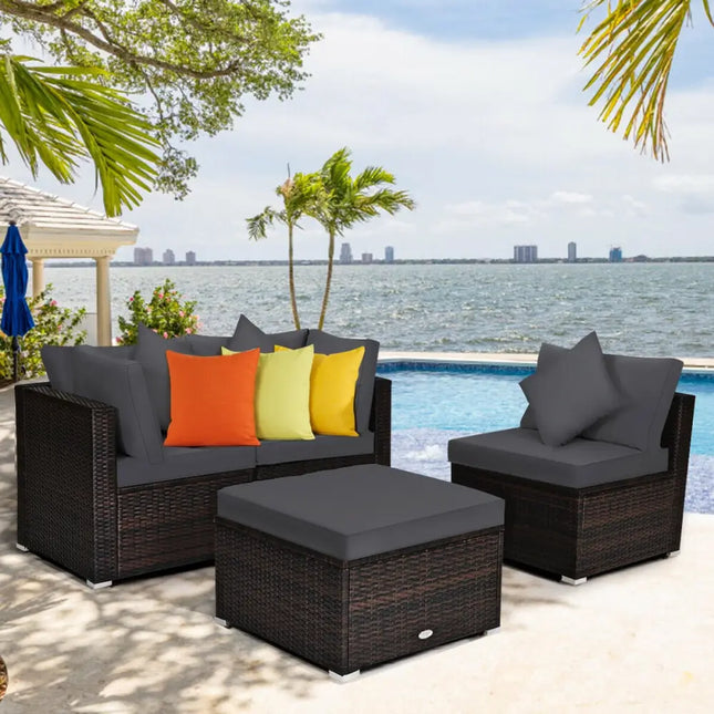4 Pieces Ottoman Garden Patio Rattan Wicker Furniture Set with Cushion-Gray - Gray - Outdoor Sectionals