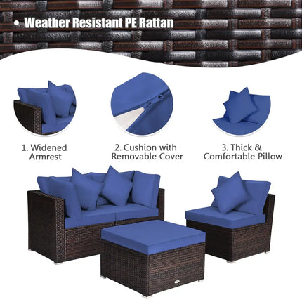 4 Pieces Ottoman Garden Patio Rattan Wicker Furniture Set with Cushion-Navy - Navy - Outdoor Sectionals