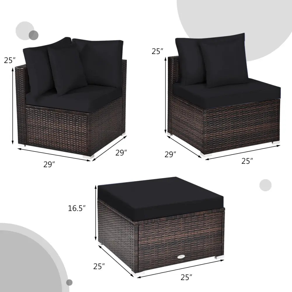 4 Pieces Ottoman Garden Patio Rattan Wicker Furniture Set with Cushion-Black - Black - Outdoor Sectionals
