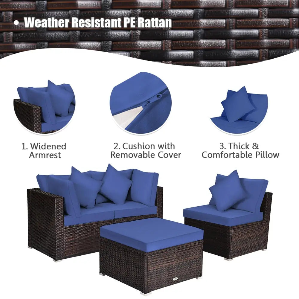 4 Pieces Ottoman Garden Patio Rattan Wicker Furniture Set with Cushion-Navy - Navy - Outdoor Sectionals