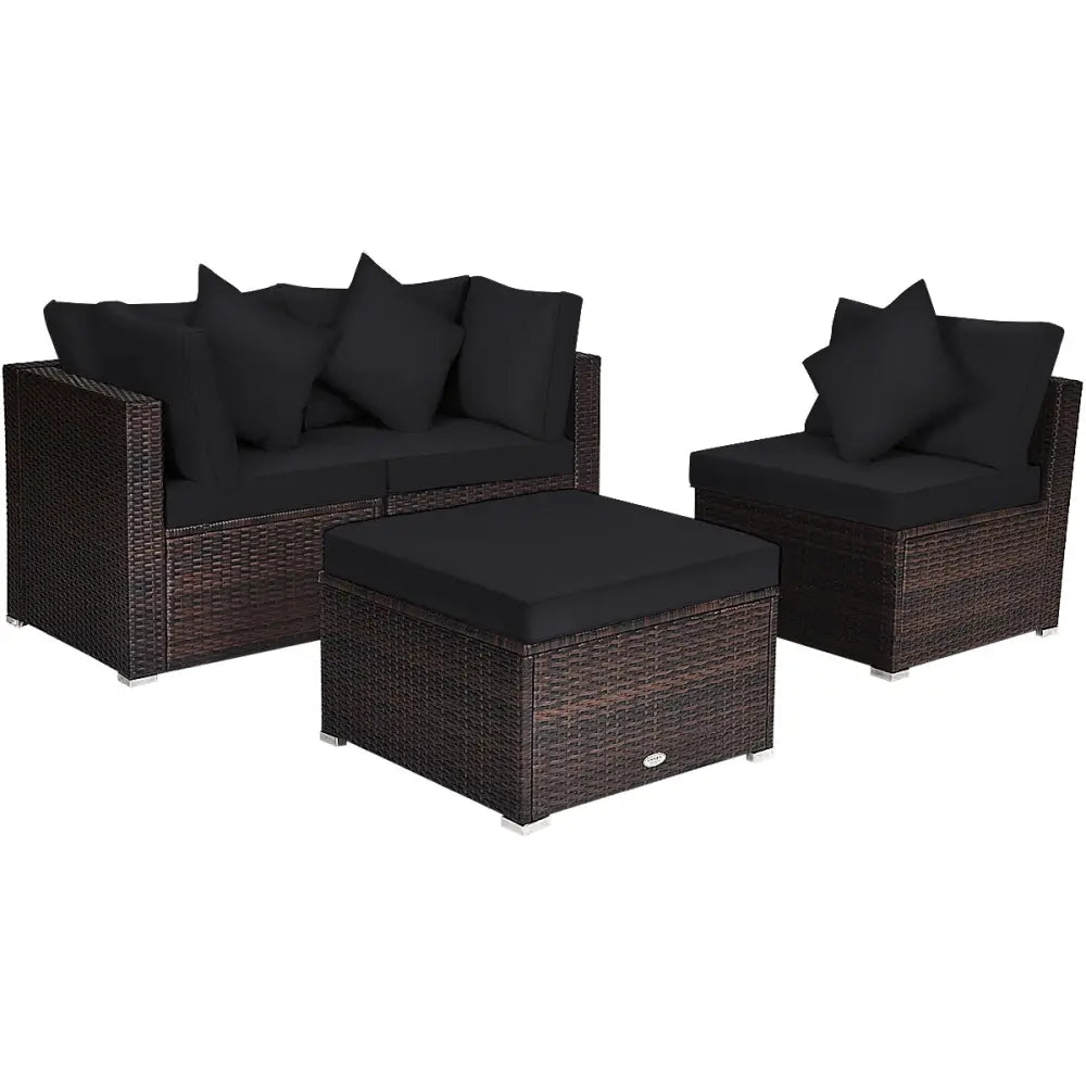 4 Pieces Ottoman Garden Patio Rattan Wicker Furniture Set with Cushion-Black - Black - Outdoor Sectionals
