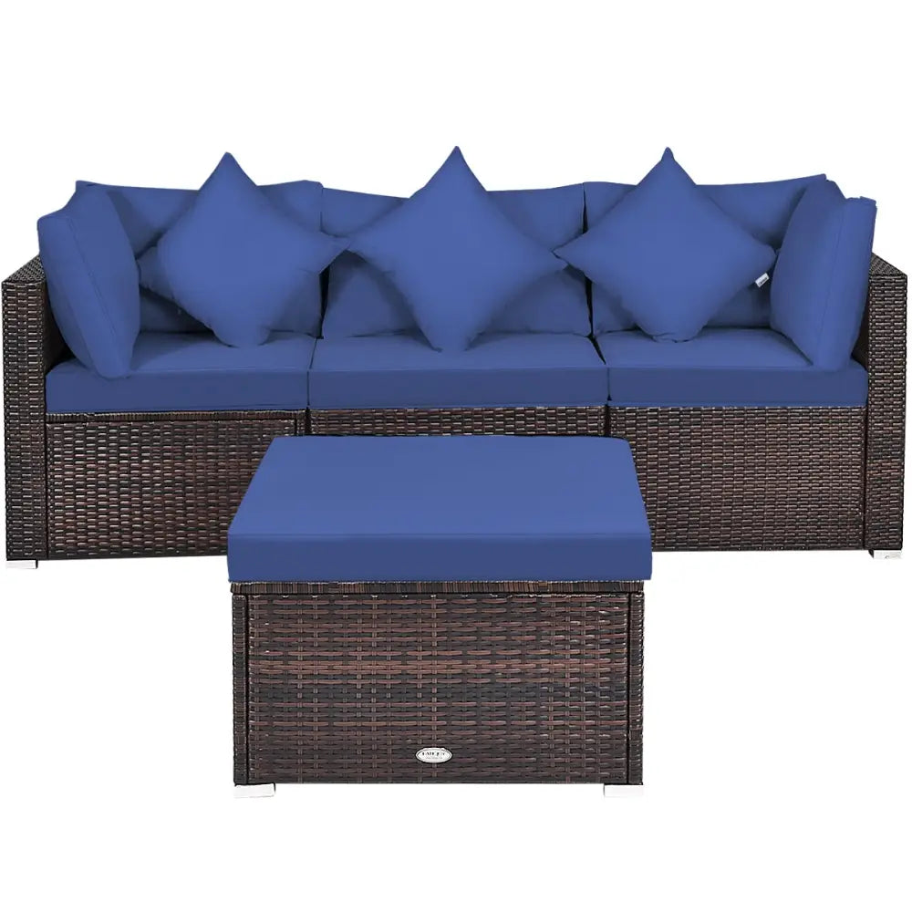 4 Pieces Ottoman Garden Patio Rattan Wicker Furniture Set with Cushion-Navy - Navy - Outdoor Sectionals