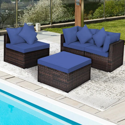 4 Pieces Ottoman Garden Patio Rattan Wicker Furniture Set with Cushion-Navy - Navy - Outdoor Sectionals