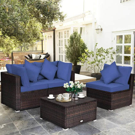 4 Pieces Ottoman Garden Patio Rattan Wicker Furniture Set with Cushion-Navy - Navy - Outdoor Sectionals