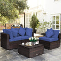 4 Pieces Ottoman Garden Patio Rattan Wicker Furniture Set with Cushion-Navy - Navy - Outdoor Sectionals