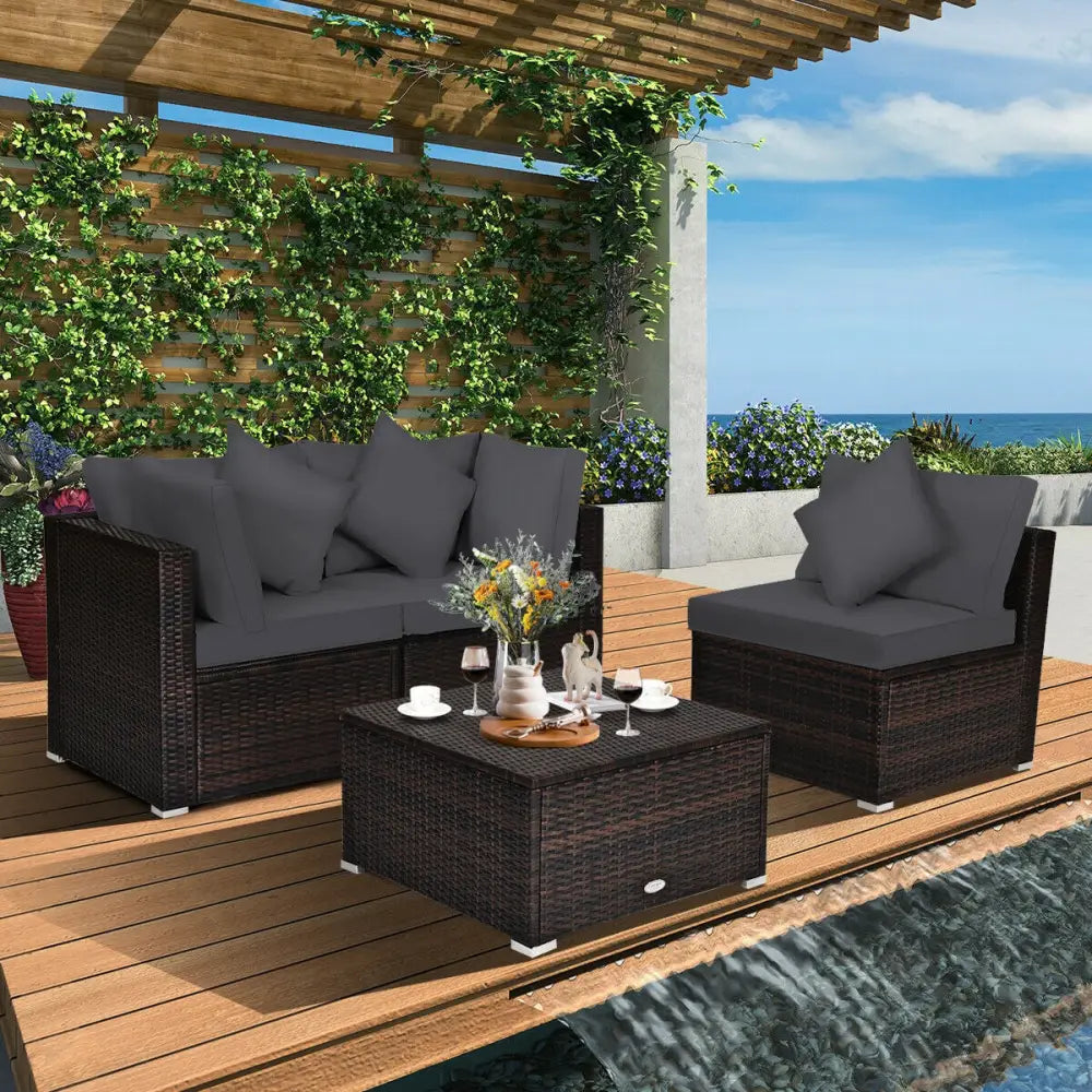 4 Pieces Ottoman Garden Patio Rattan Wicker Furniture Set with Cushion-Gray - Gray - Outdoor Sectionals