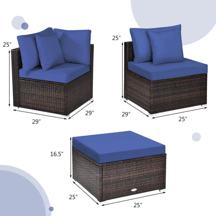 4 Pieces Ottoman Garden Patio Rattan Wicker Furniture Set with Cushion-Navy - Navy - Outdoor Sectionals
