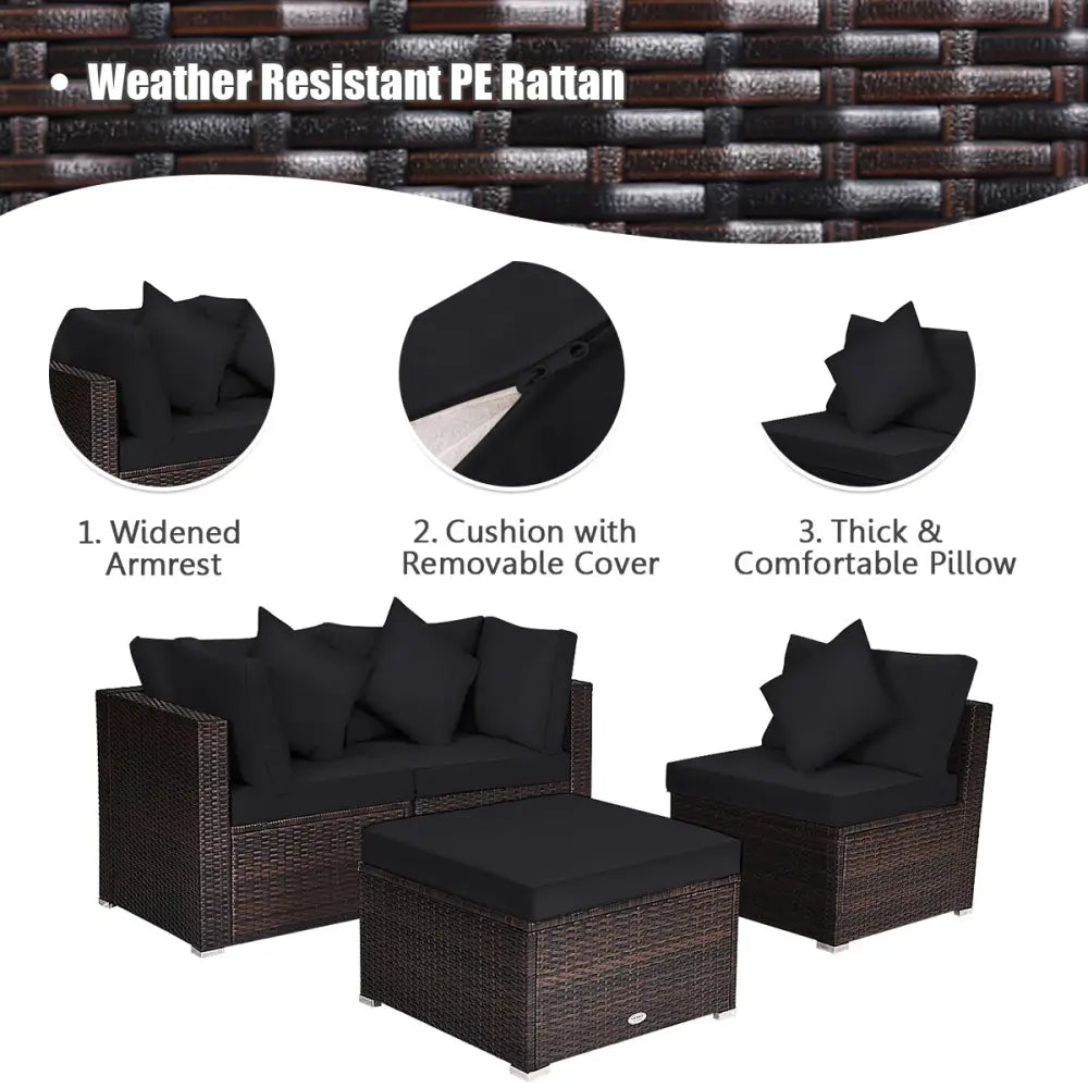 4 Pieces Ottoman Garden Patio Rattan Wicker Furniture Set with Cushion-Black - Black - Outdoor Sectionals