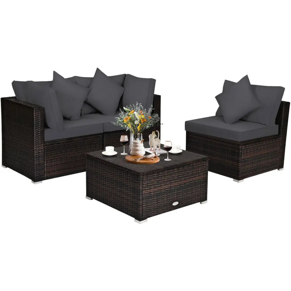 4 Pieces Ottoman Garden Patio Rattan Wicker Furniture Set with Cushion-Gray - Gray - Outdoor Sectionals