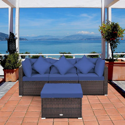 4 Pieces Ottoman Garden Patio Rattan Wicker Furniture Set with Cushion-Navy - Navy - Outdoor Sectionals