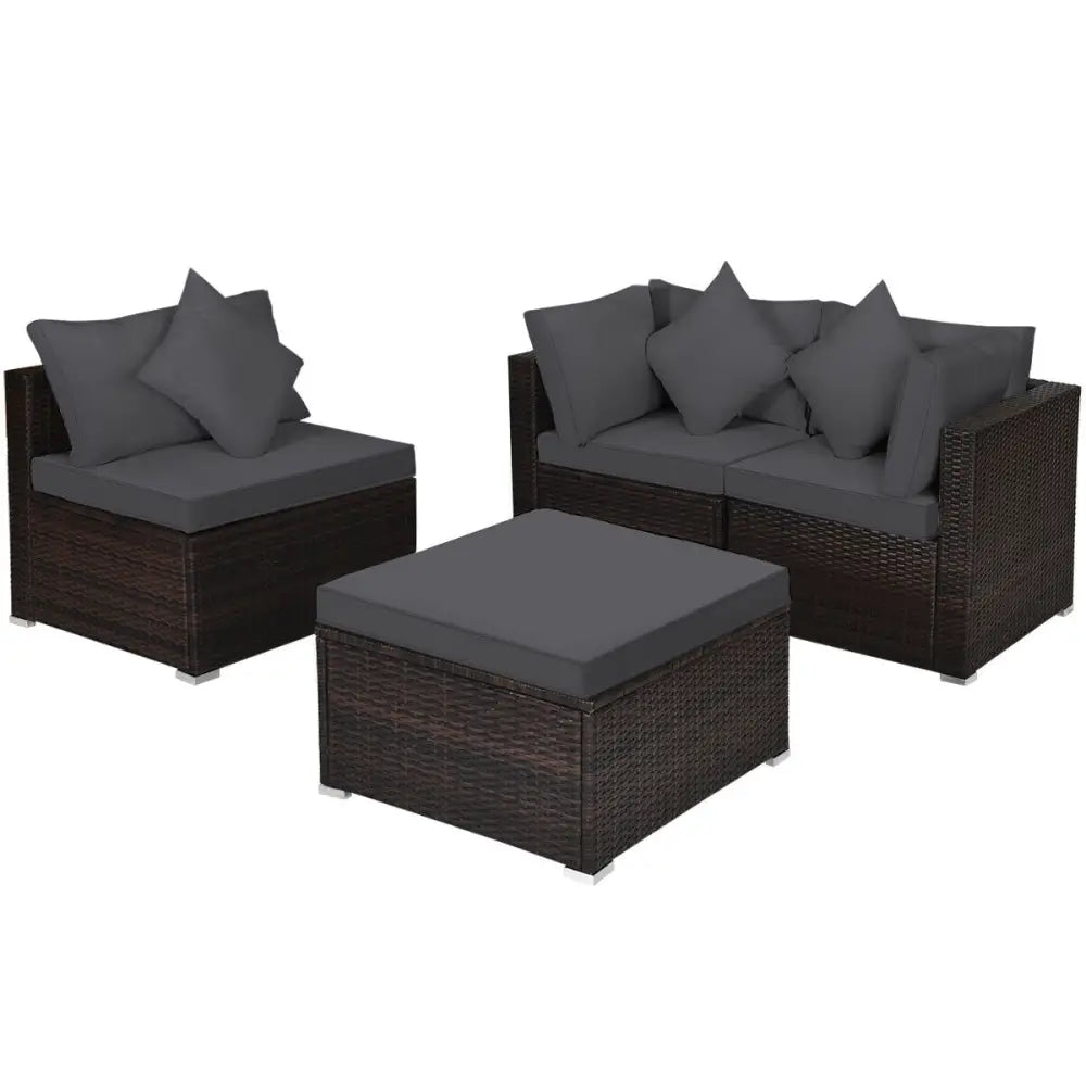 4 Pieces Ottoman Garden Patio Rattan Wicker Furniture Set with Cushion-Gray - Gray - Outdoor Sectionals