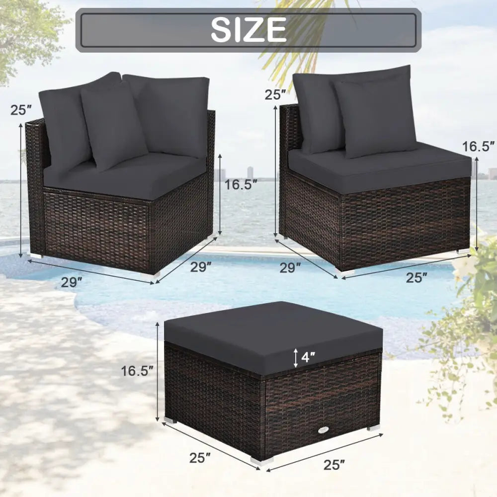4 Pieces Ottoman Garden Patio Rattan Wicker Furniture Set with Cushion-Gray - Gray - Outdoor Sectionals