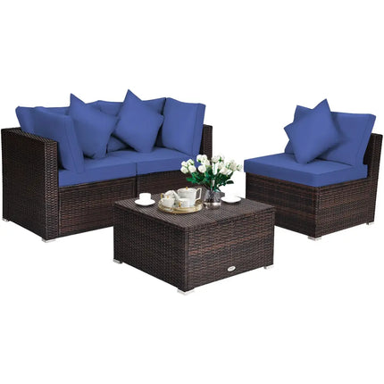 4 Pieces Ottoman Garden Patio Rattan Wicker Furniture Set with Cushion-Navy - Navy - Outdoor Sectionals