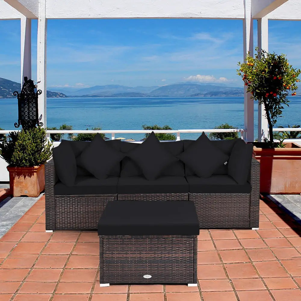 4 Pieces Ottoman Garden Patio Rattan Wicker Furniture Set with Cushion-Black - Black - Outdoor Sectionals