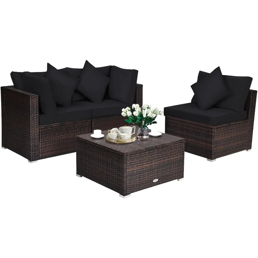 4 Pieces Ottoman Garden Patio Rattan Wicker Furniture Set with Cushion-Black - Black - Outdoor Sectionals